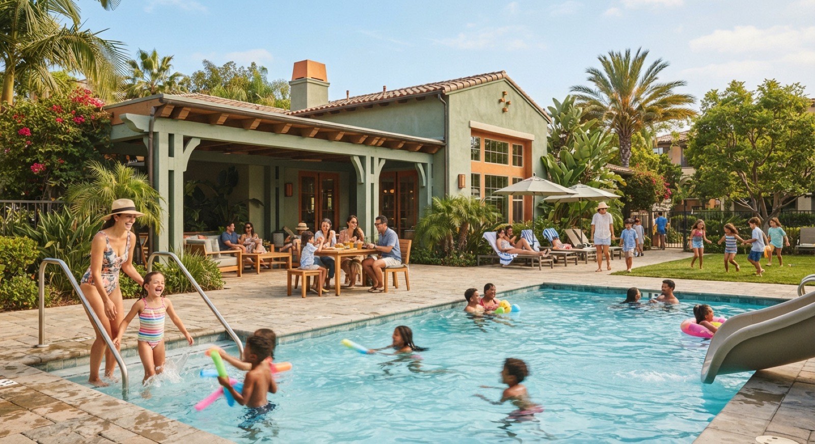Happy families enjoying a community clubhouse and swimming pool on a sunny day surrounded by greenery