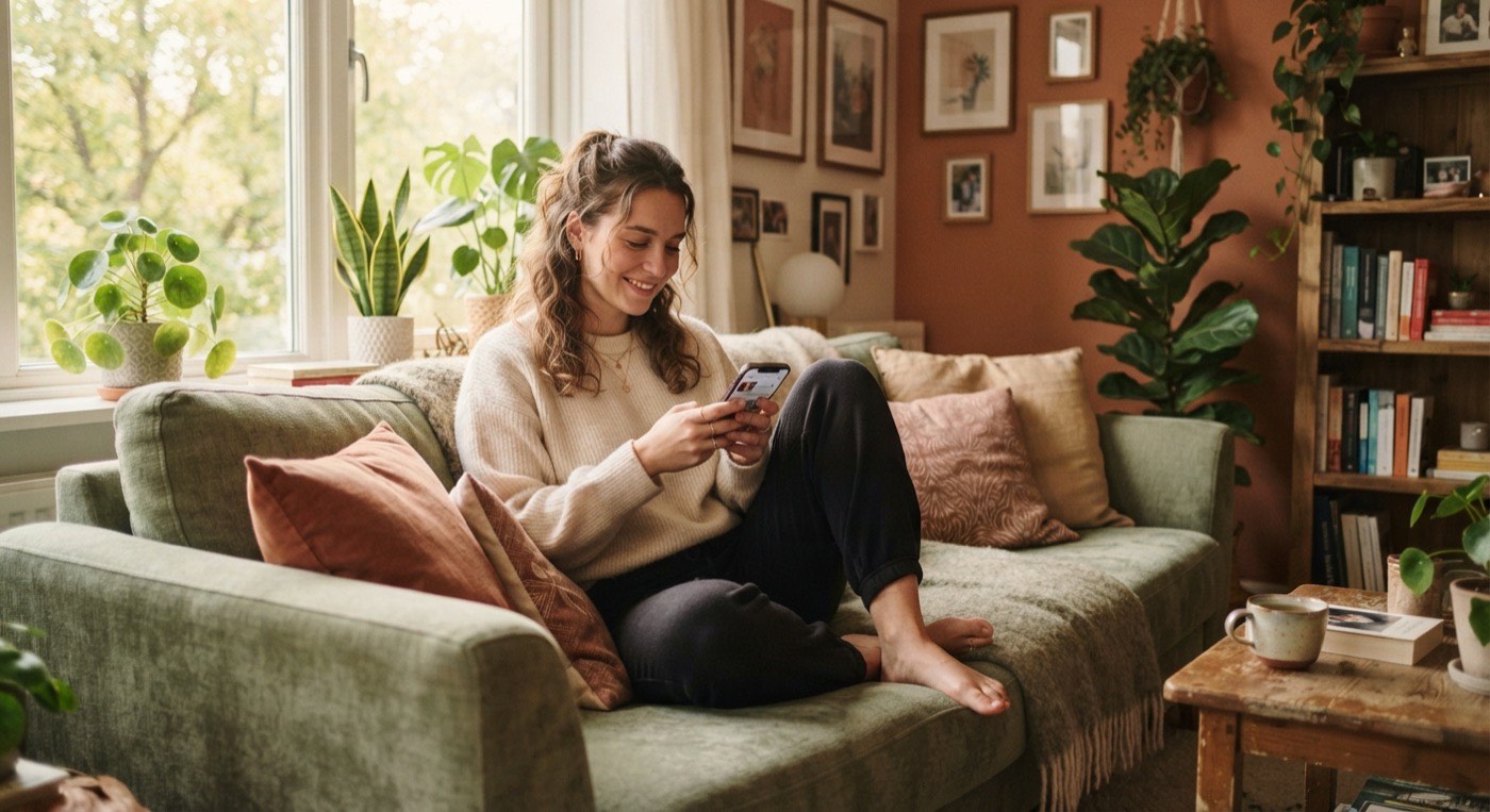 A resident relaxing at home on a sofa using the community app on a smartphone in warm natural light