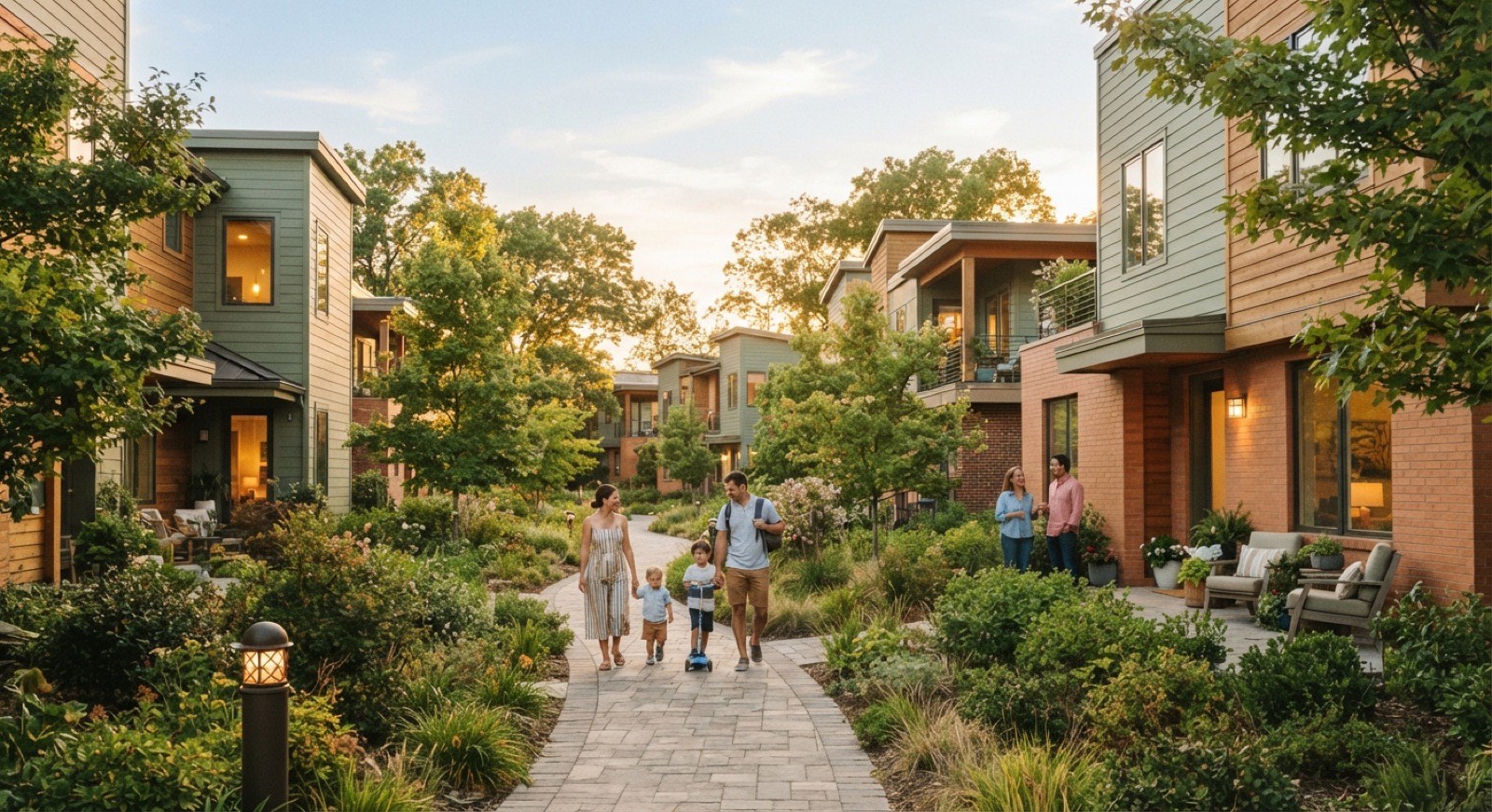 Families and neighbours walking along leafy paths through a warm modern residential community at golden hour