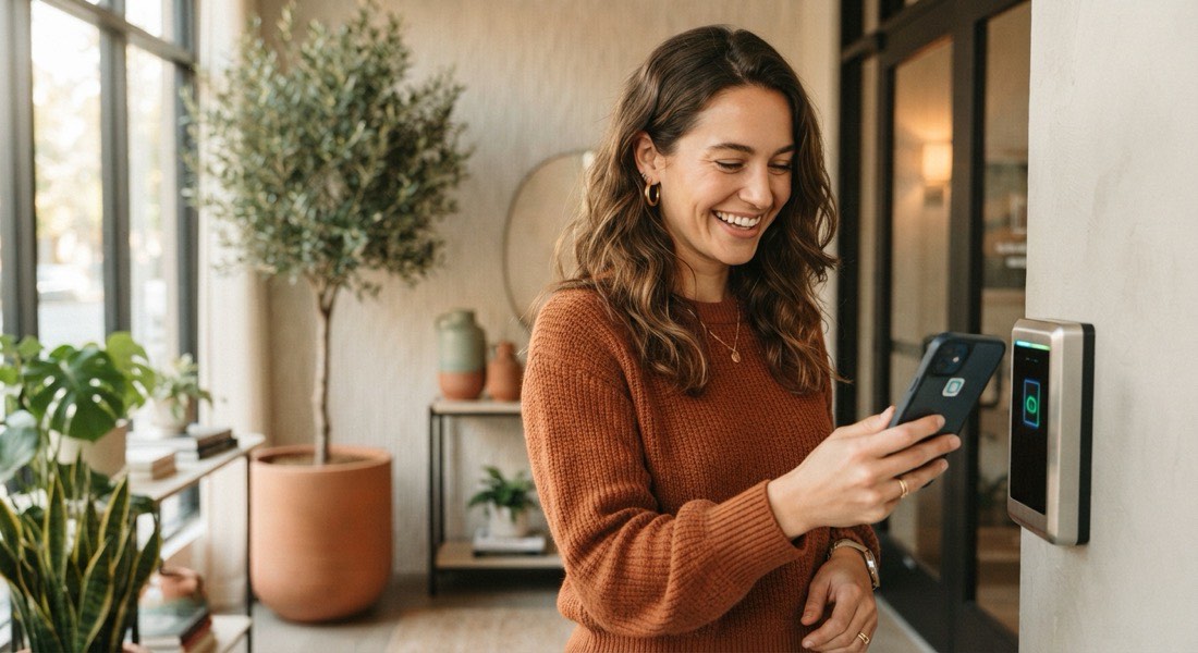 Smiling resident tapping a phone at a facial-recognition lobby door of a modern condo