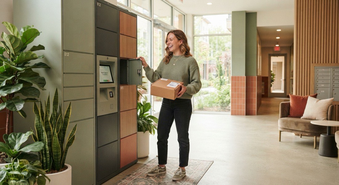 Resident collecting a parcel from a modern smart parcel locker in a bright residential lobby