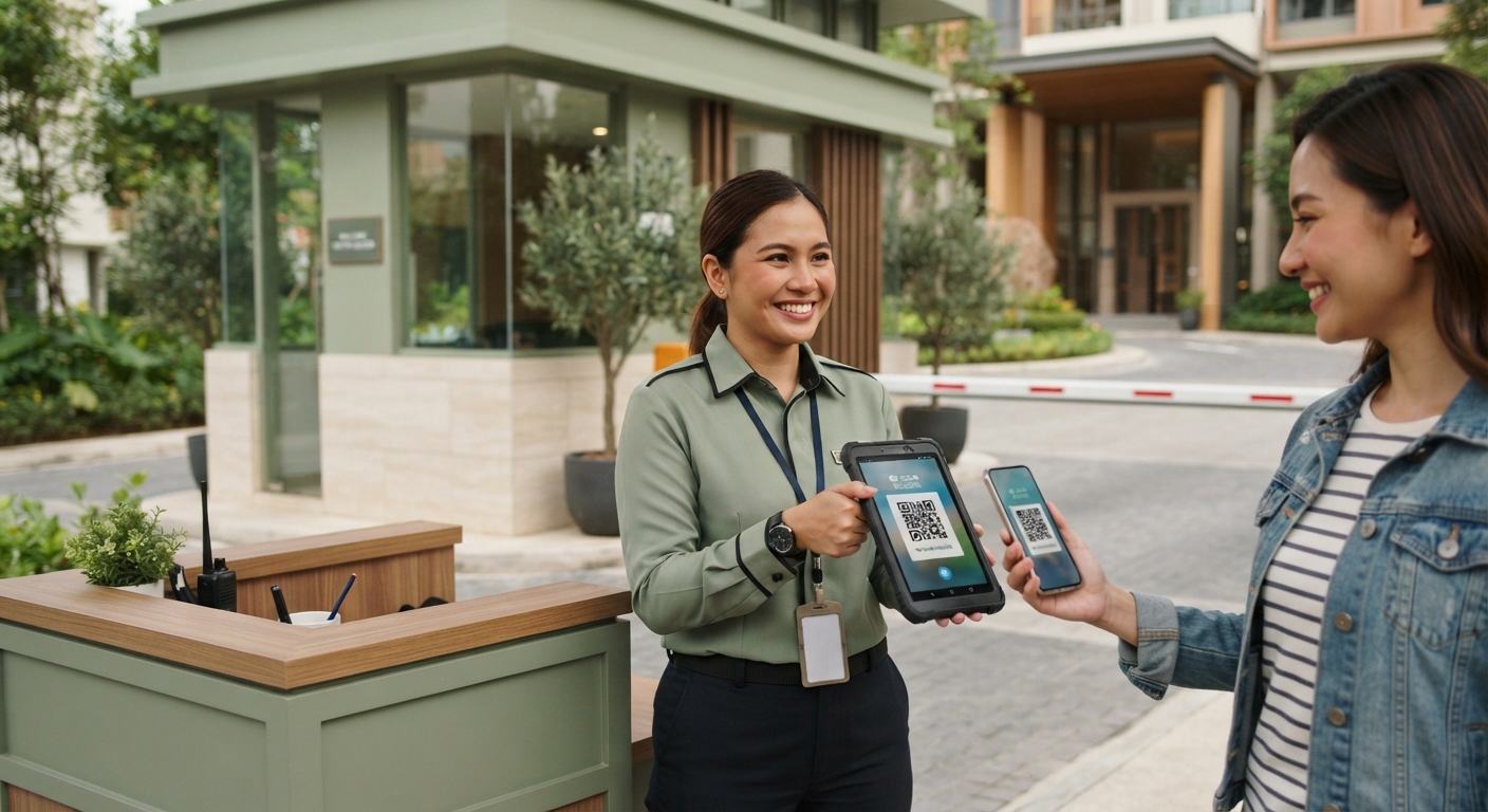 Friendly security guard at a condo guardhouse checking a visitor QR code on a tablet