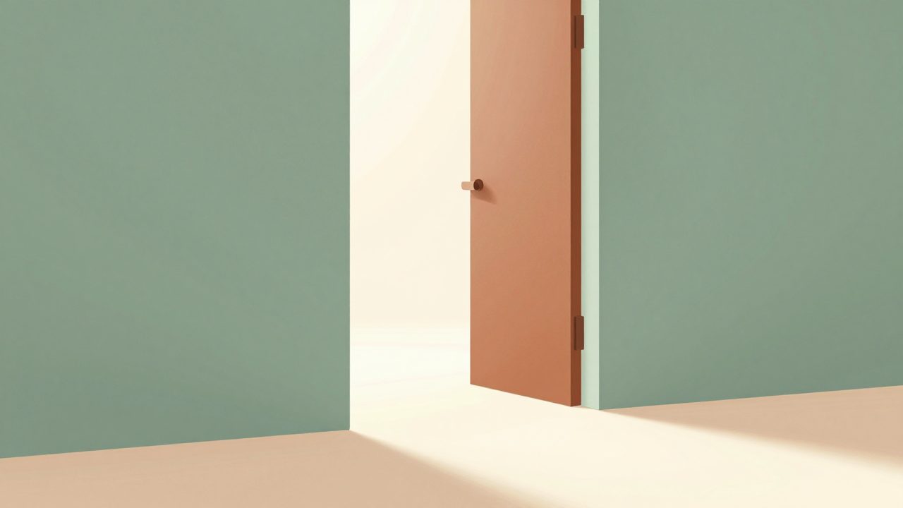 Soft illustration of an open doorway of sage pillars with warm light spilling through, representing a guest walking straight in