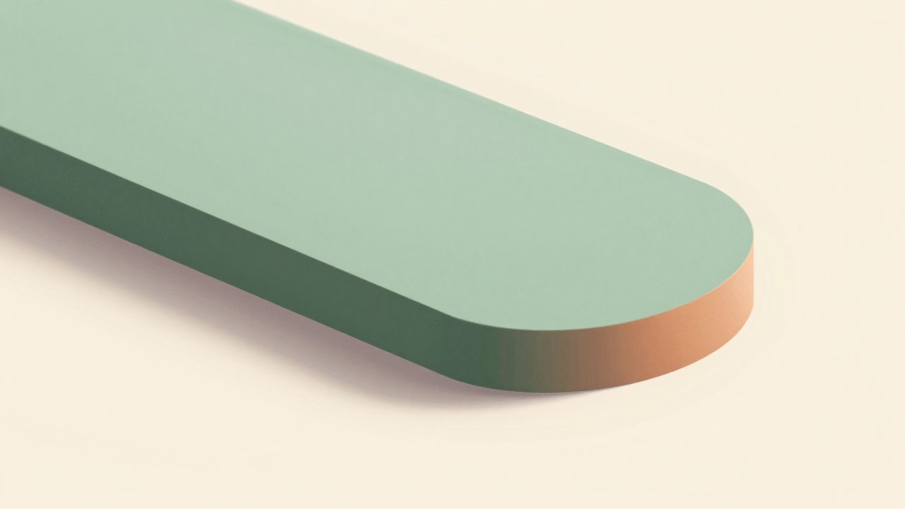 Soft illustration of a smooth rounded tile of frosted sage material catching warm light, representing records carried across cleanly